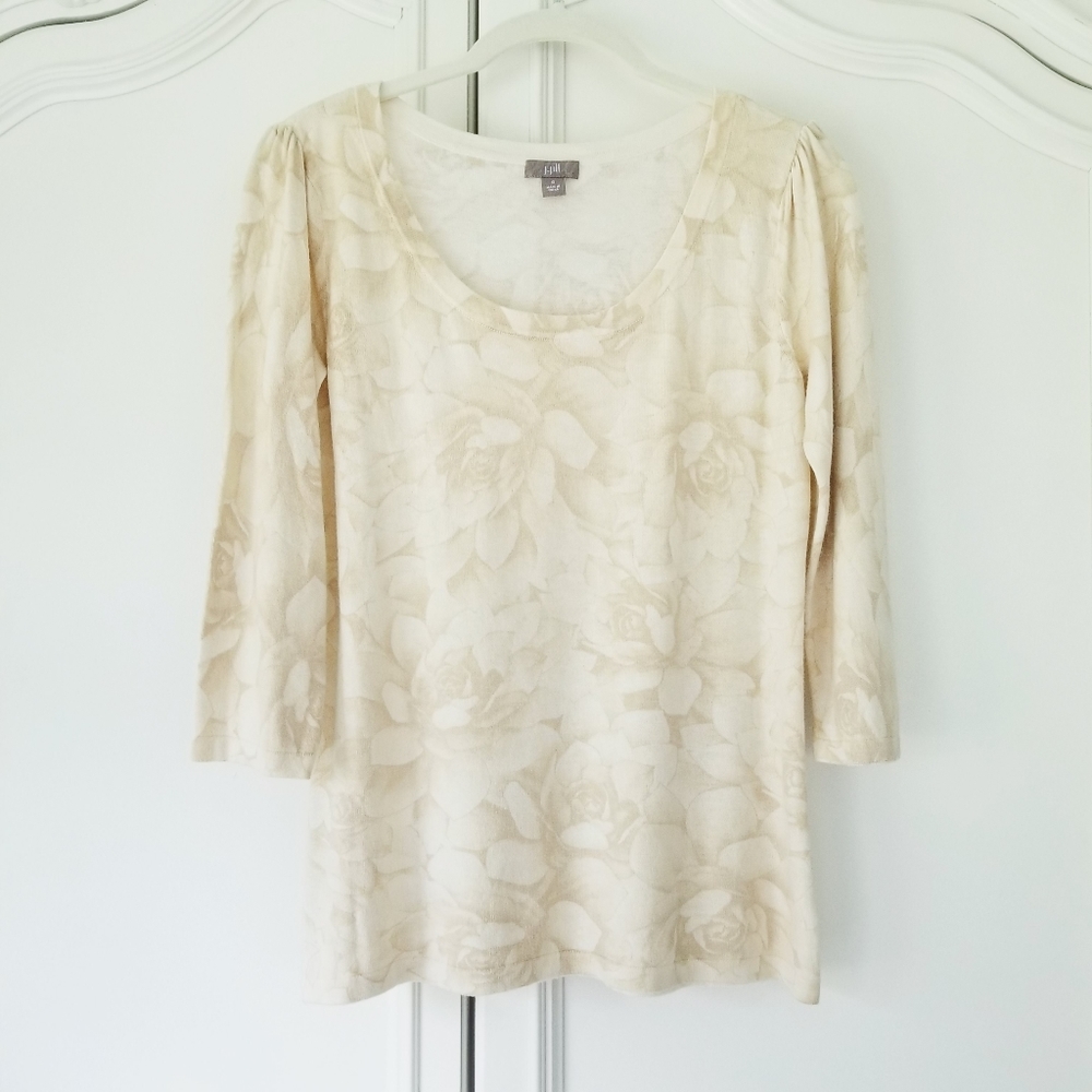 J. Jill Beige Floral Silk Blend 3/4 Sleeve Lightweight Pull Over Sweater Small